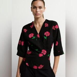 Zara Black Pink Floral Wrap Blouse Size M Boho Chic